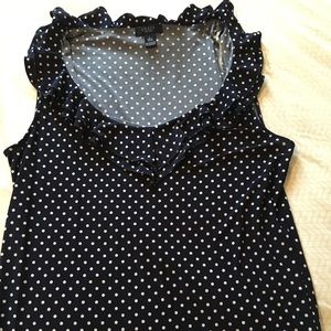 Navy and white poka dot blouse